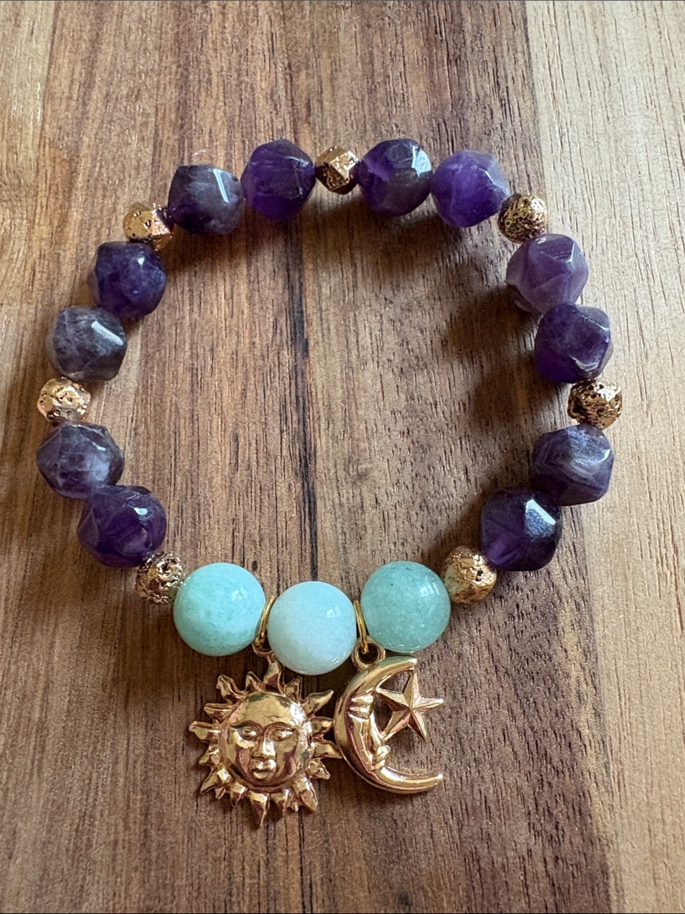 Gold Sun & Moon Charm Bracelet w/ Amethyst, Amazonite, Lava Stone